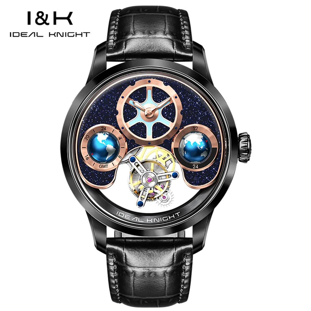 Ideale Ritter 6805 Tourbillon Uhr für Männer Blue Earth Serie Skelett automatische Herren mechanische Uhr leuchtende wasserdichte Uhr