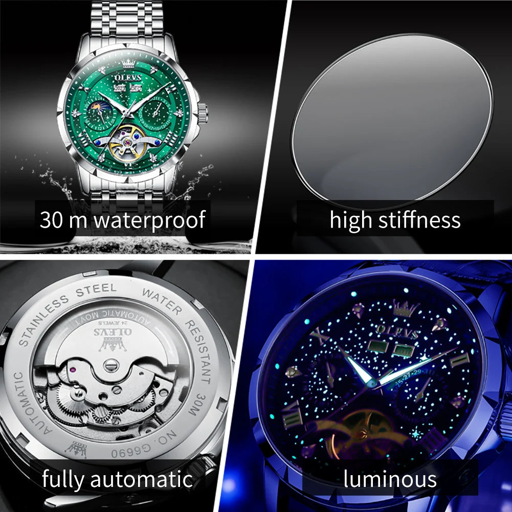 OLEVS Original Marke herren Uhren Mond Phase Starry DiskWasserdichte Multifunktionale Leuchtende Voll Automatische Mechanische Uhr ﻿