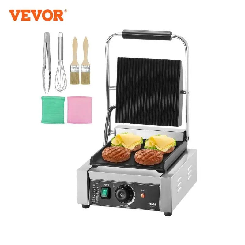 VEVOR kommerzieller Panini-Grill, 1800 W elektrischer Sandwich-Panini-Maker, Sandwich-Pressgrill aus Edelstahl, Panini-Grill mit Temperaturregelung und 23 x 23 cm großer flacher Emaille-Platte