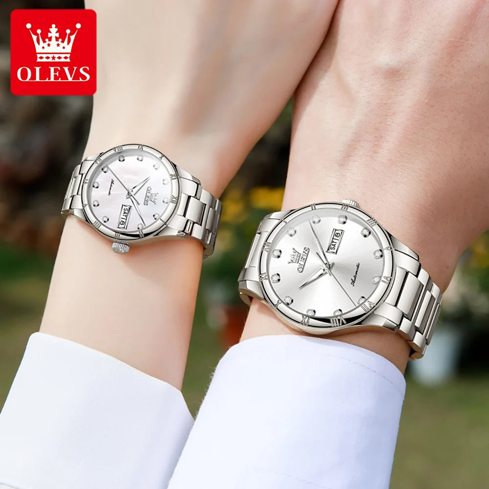 Olevs 7030 Paar Uhren Luxus Mode Original Armbanduhr Zirkon Skala Kalender Anzeige wasserdichte leuchtende Automatik uhr