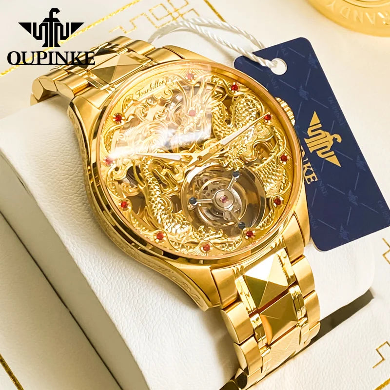 Oupinke High-End-Tourbillon Golden Dragon Herren uhr wasserdichte Wolfram Stahl Luxusmarke automatische mechanische Herren uhr