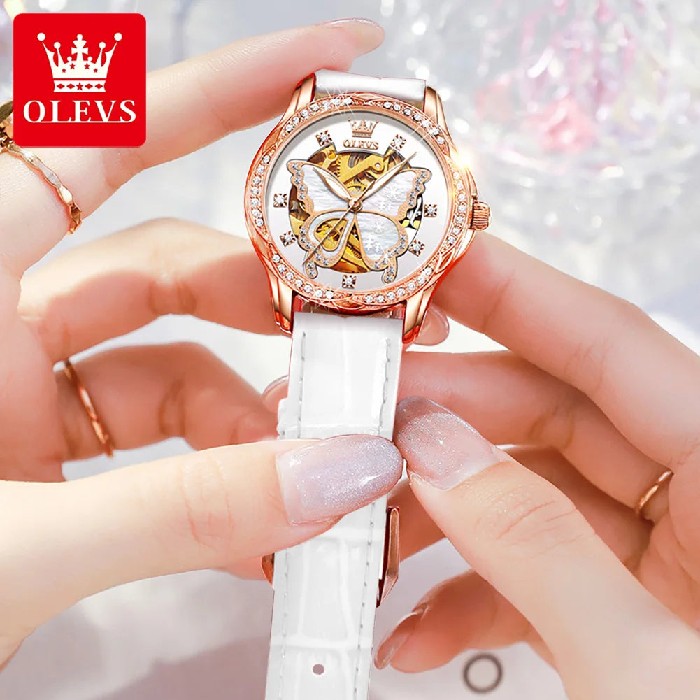 OLEVS Top Marke Mechanische Frauen Uhr Mode Schweiz Luxus Marke Damen Armbanduhr Automatische Lederband Geschenk