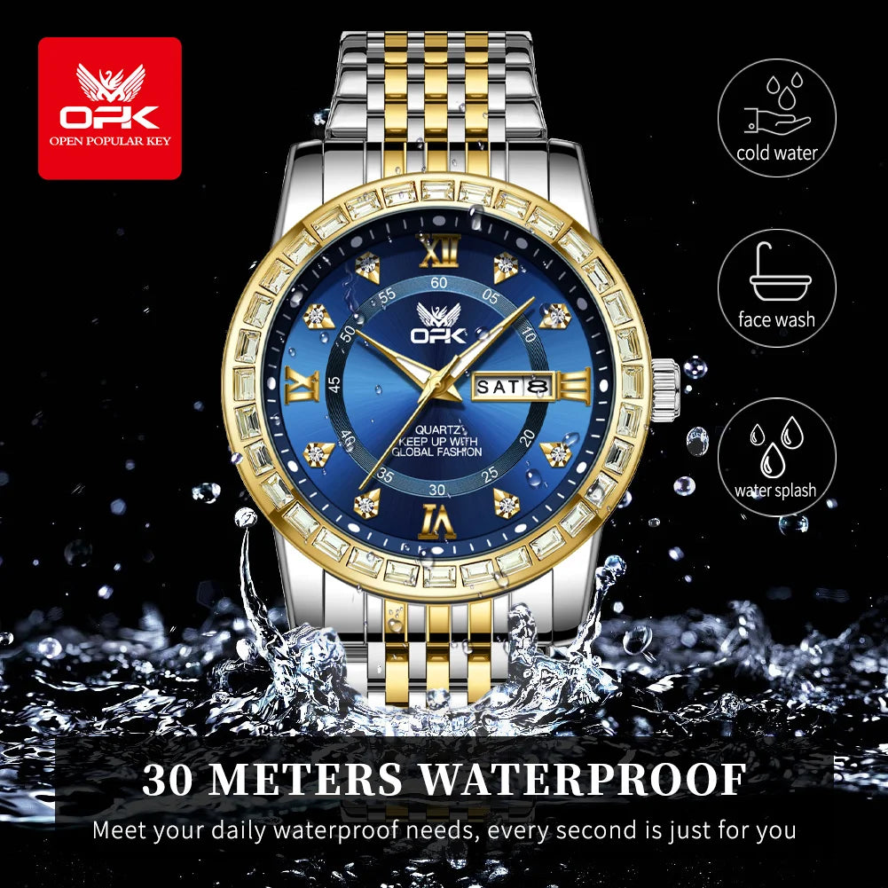 Opk Uhren für Männer Klassiker Mode Original Quarz Armbanduhr wasserdichte leuchtende Zirkon Lünette Dual Kalender Display