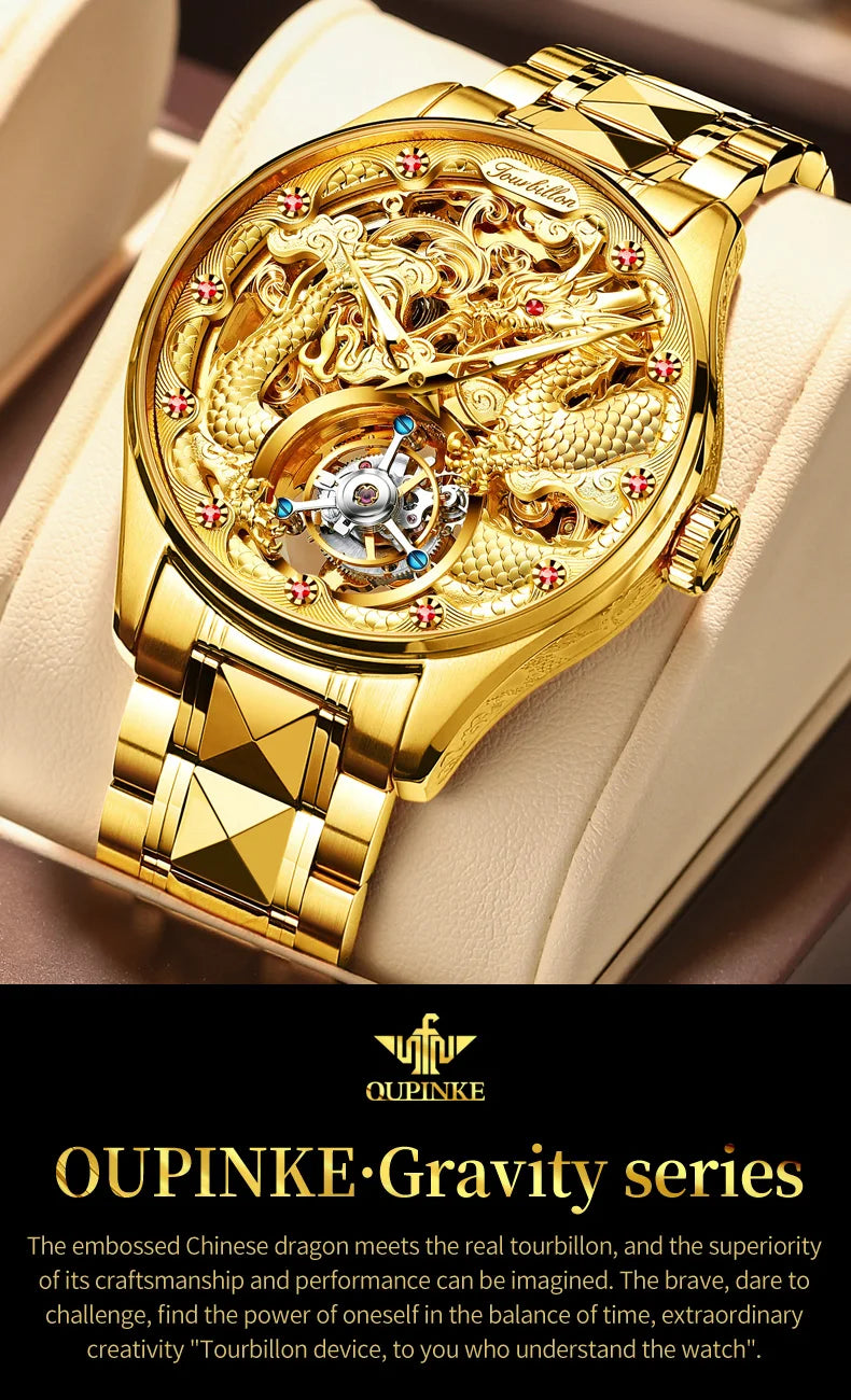 Oupinke High-End-Tourbillon Golden Dragon Herren uhr wasserdichte Wolfram Stahl Luxusmarke automatische mechanische Herren uhr