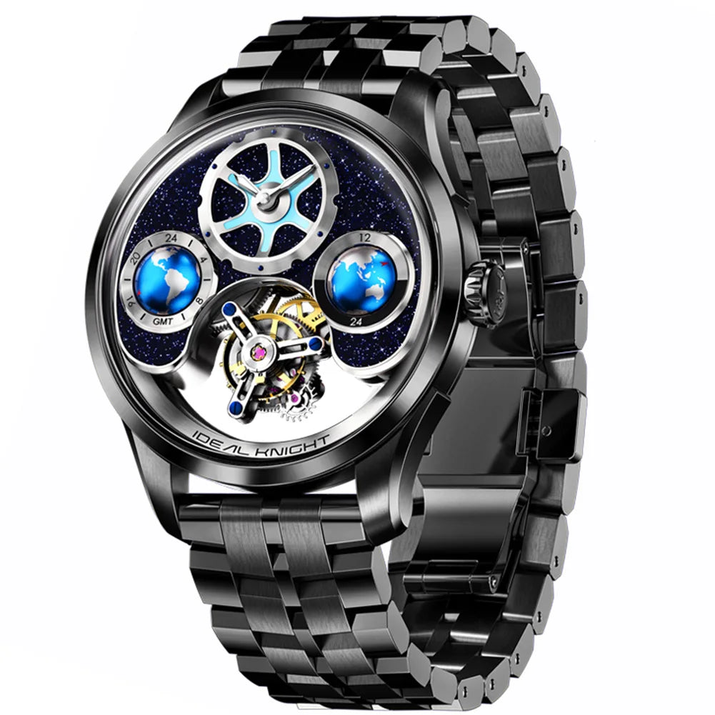 IDEAL KNIGHT Top-Marke Luxruy Herrenuhr Advanced Tourbillon Automatische mechanische Uhr Wasserdicht Leuchtende Dual-Region-Zeit