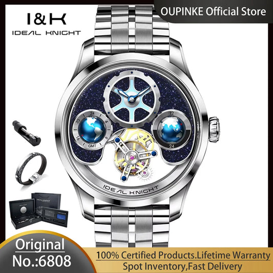 Ideale Ritter 6808 Tourbillon Uhren für Männer Blue Earth Serie High-End-Luxusmarke Skelett automatische mechanische Armbanduhren