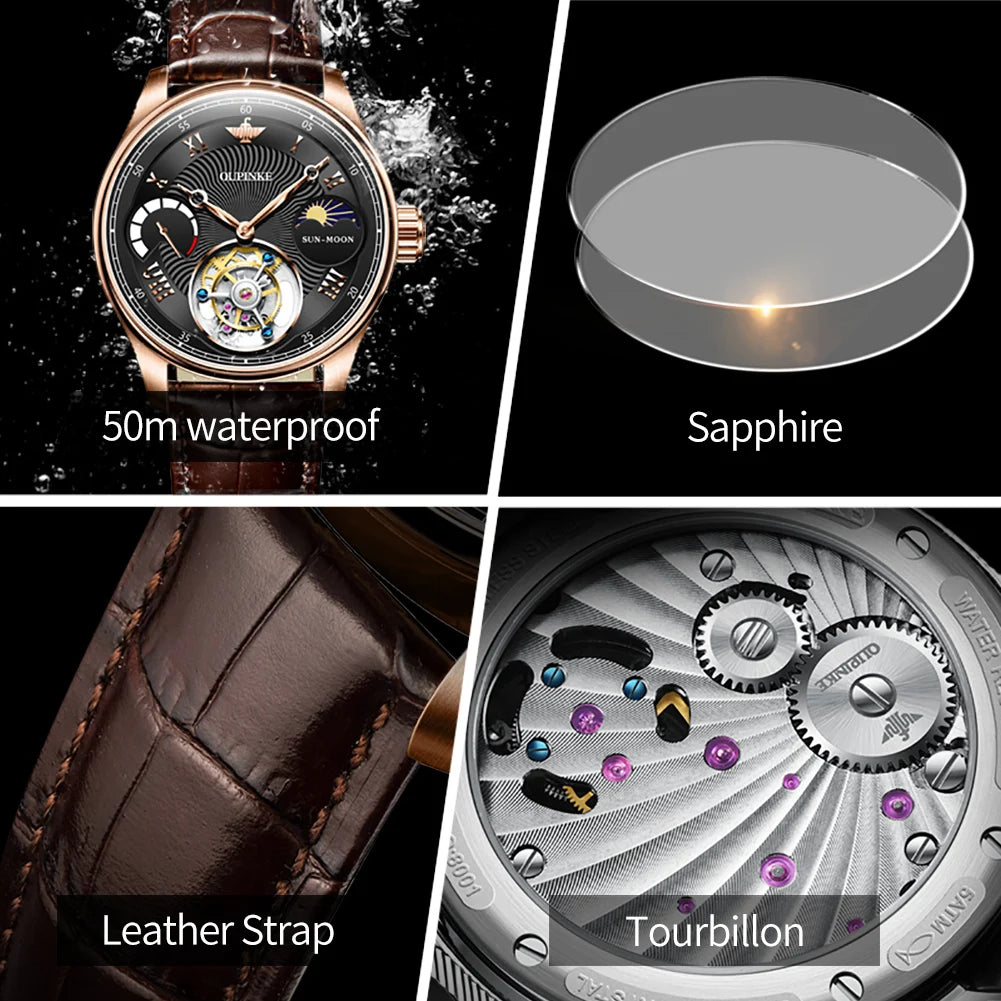 OUPINKE 8001 Tourbillon Men's Watch Luxury Brand Sapphire Waterproof Luminous Moonphase Watch Men's Automatic Mechanical Watch