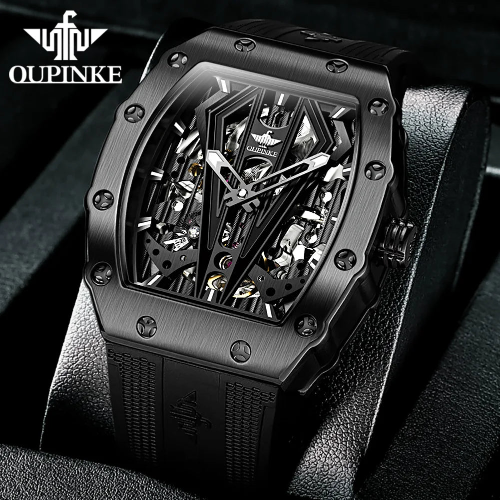 OUPINKE 3179 Men's Watch Luxury Brand Automatic Mechanical Watch Silicone Strap Sapphire Mirror Waterproof Skeleton Men's Watch