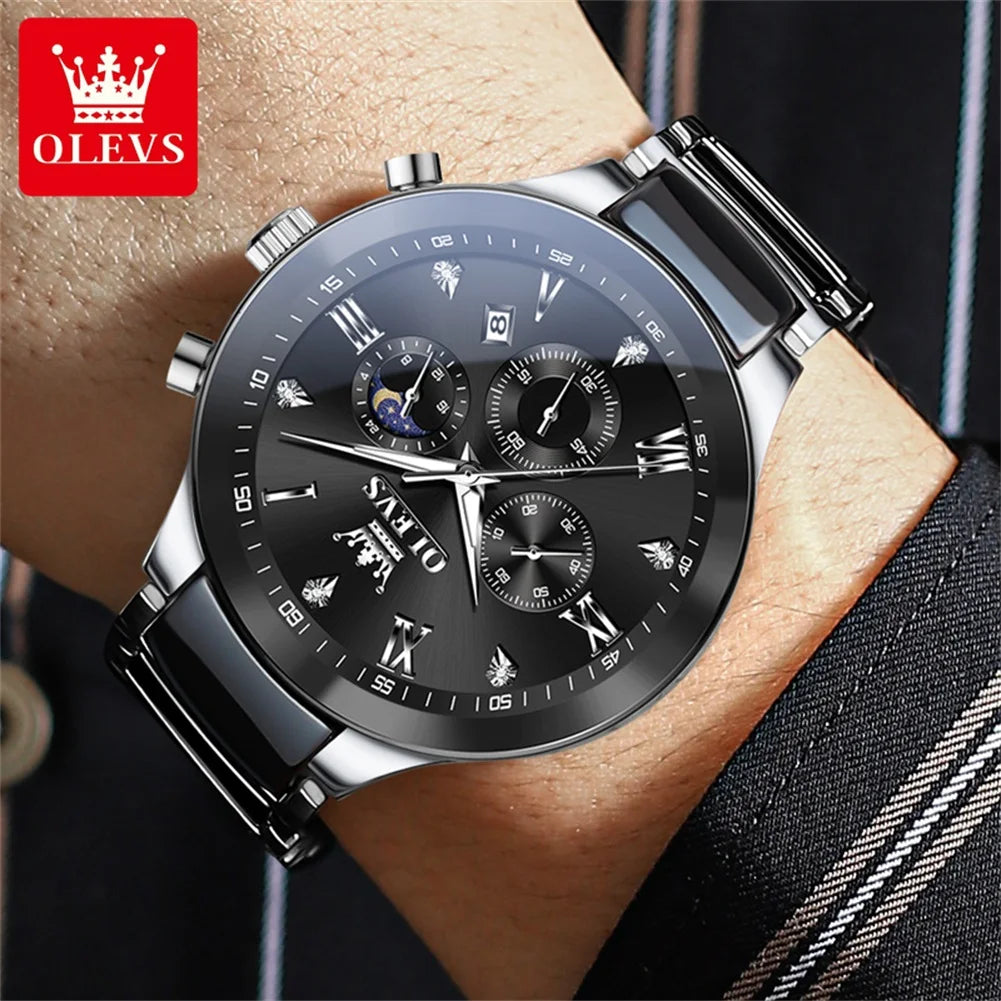 Olevs Herren uhren klassisches Modedesign Original Armbanduhr für Mann Chronograph Keramik armband wasserdichte leuchtende Mondphase