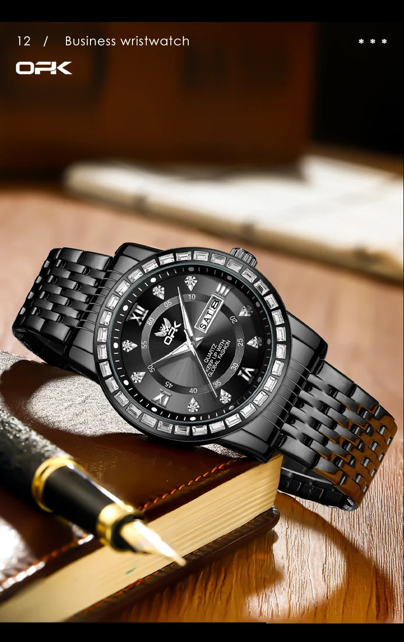 Opk Uhren für Männer Klassiker Mode Original Quarz Armbanduhr wasserdichte leuchtende Zirkon Lünette Dual Kalender Display