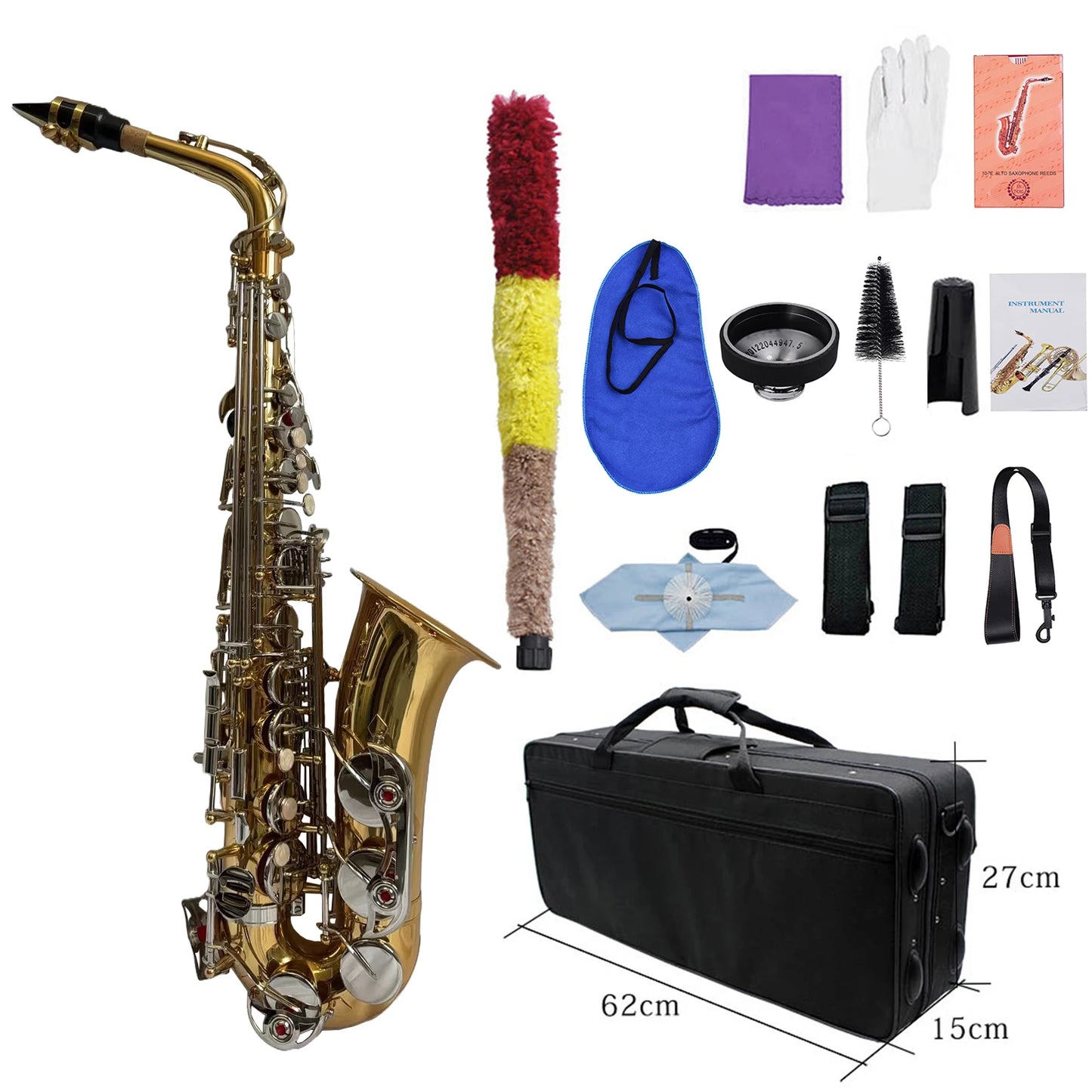 Altsaxophon, Saxophon, glänzendes Messing, graviert, Eb E-Flat, natürliche weiße Schale, Knopf, Blasinstrument mit Koffer, stummgeschaltete Handschuhe, Reinigung