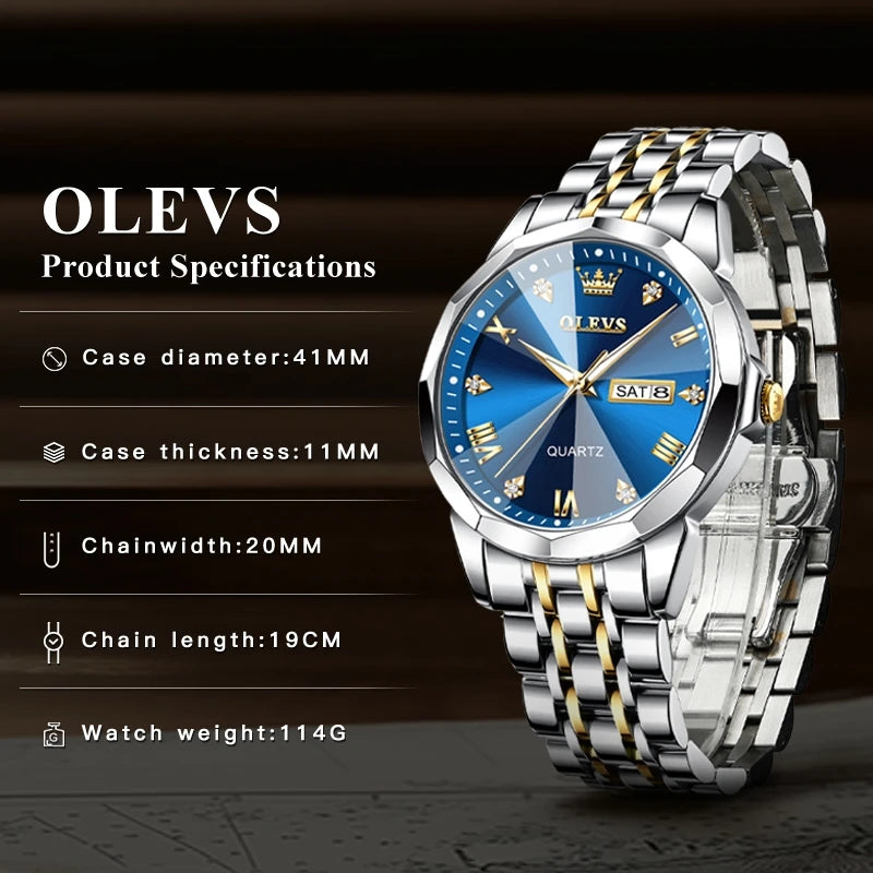 OLEVS Herrenuhren Rhombus Mirror Original Quarzuhr für Mann Wasserdicht Leuchtende Edelstahl-Armbanduhr Männlich Datum Woche