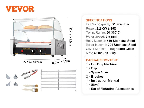 Vevor Hot Dog Roller 5 Rollen 12 Hot Dogs Kapazität 750w Edelstahl Wurst Grill Herd Maschine mit Dual Temp Control Glas haube