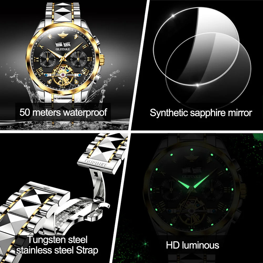 OUPINKE Top Marke männer Uhren Luxus Sapphire Automatische Mechanische Uhr für Mann Wolfram Stahl Tourbillon Wristwath Kalender