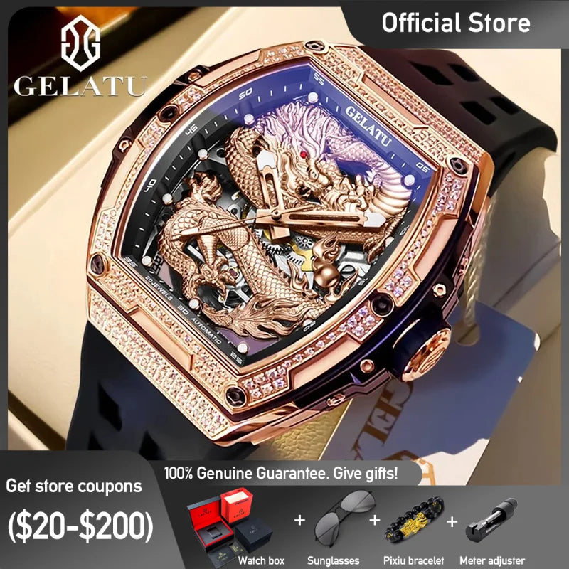 GELATU 6021 Mens Watch Original Brand Automatic Watch Waterproof Luminous Watch For Men Diamond Bezel Dragon Watches Luxury Men