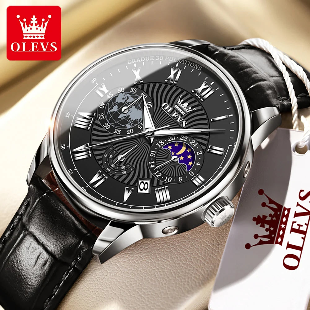 OLEVS Herrenuhren Casual Business Original Quarzuhr für Herren Wasserdicht Leuchtende Armbanduhr Mondphasenkalender Chronograph