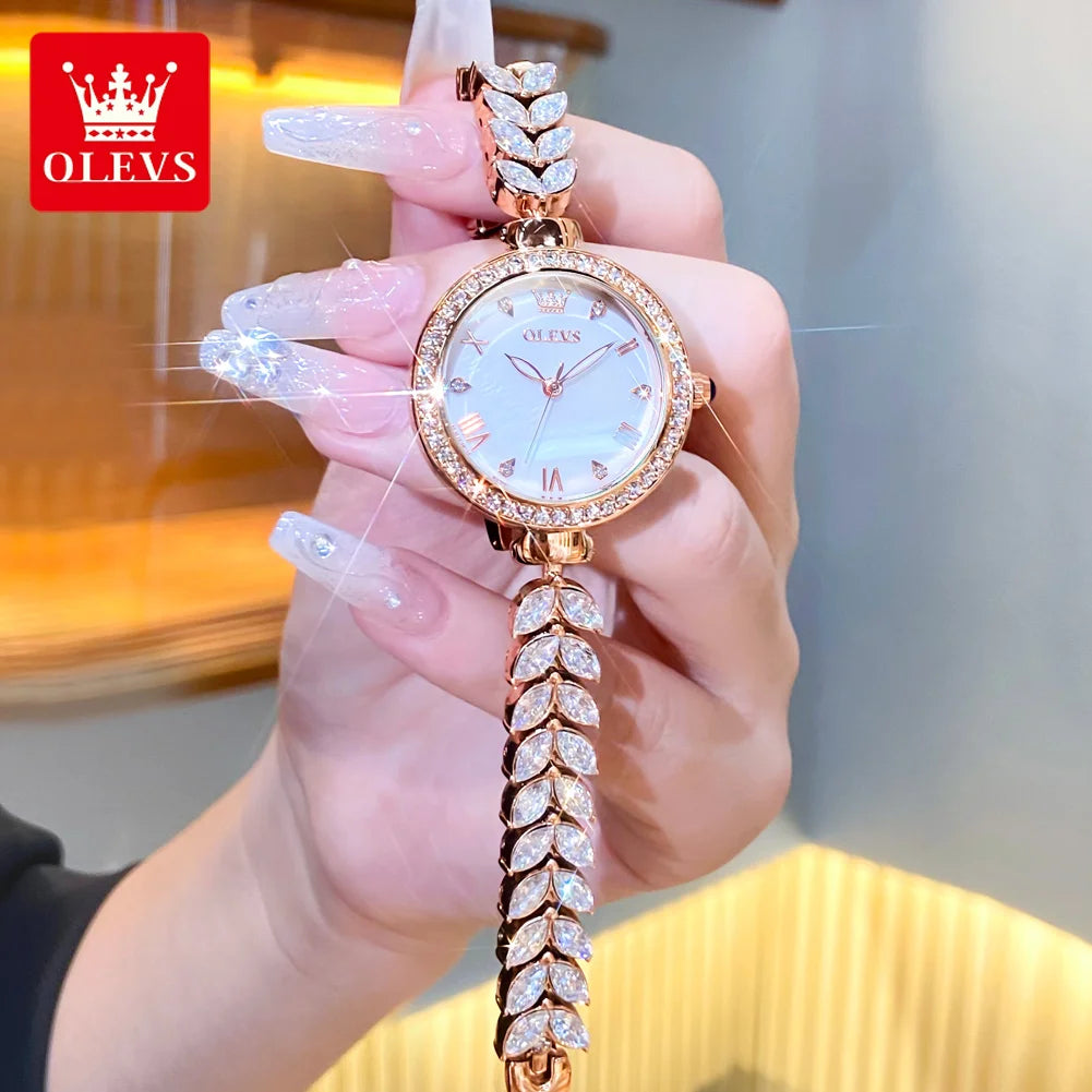 Olevs Damen uhren elegante Mode Original Armbanduhr wasserdichte Edelstahl Fischgräten armband leuchtende Hand Diamant Lünette