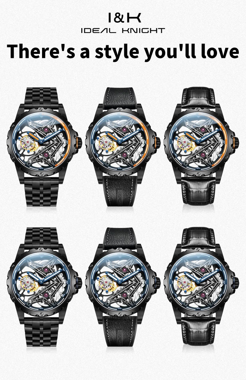 Ideal Knight Tourbillon Automatic Watch for Men Orange Blue Luminous Dial Fashion Black Steel Strap Hand Clock Great Wall Series