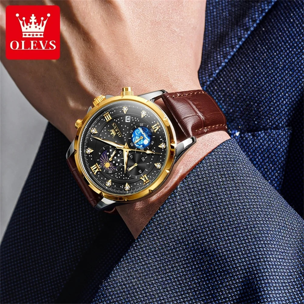 Olevs Herren uhren Original Quarzuhr für Mann Multi funcion Chronograph wasserdicht leuchtende Mondphase 24 Stunden Anzeige