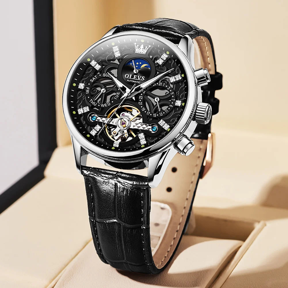 OLEVS Top Marke männer Uhren Mode Skeleton Tourbillon Automatische Mechanische Armbanduhr für Männer Wasserdicht Lederband Neue