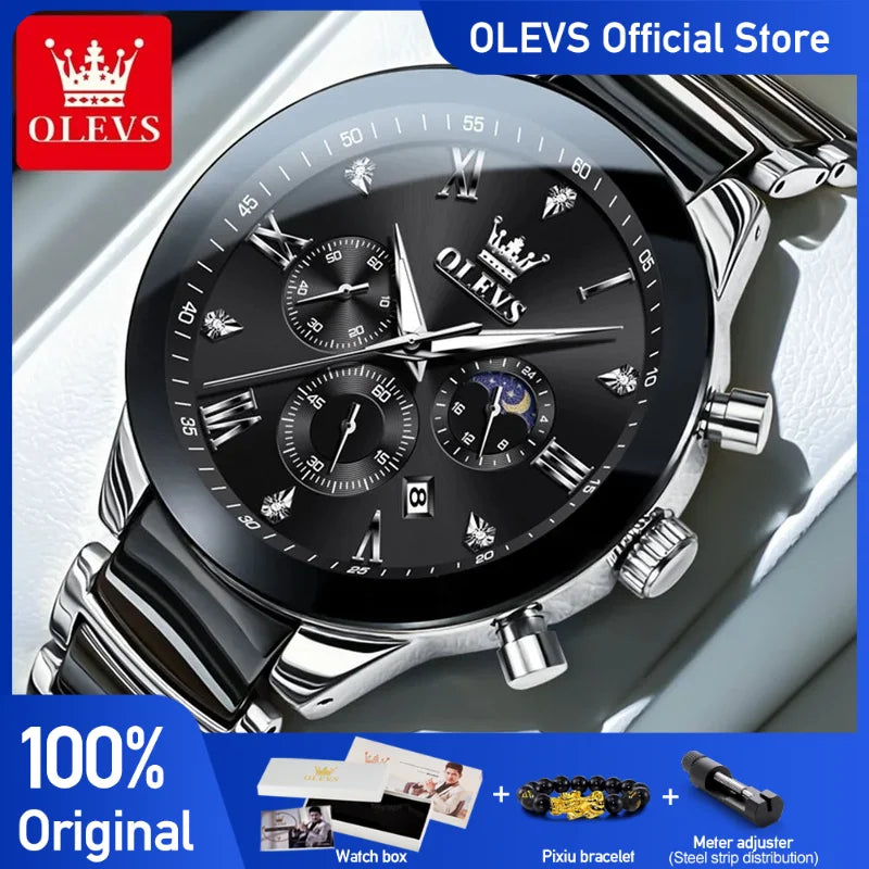 Olevs Herren uhren klassisches Modedesign Original Armbanduhr für Mann Chronograph Keramik armband wasserdichte leuchtende Mondphase