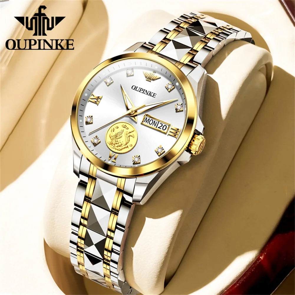 Oupinke 3259 echte Gold automatische mechanische Uhr für Frauen Damen Handuhr Original Luxus Wolfram Stahl armband Uhr Frauen