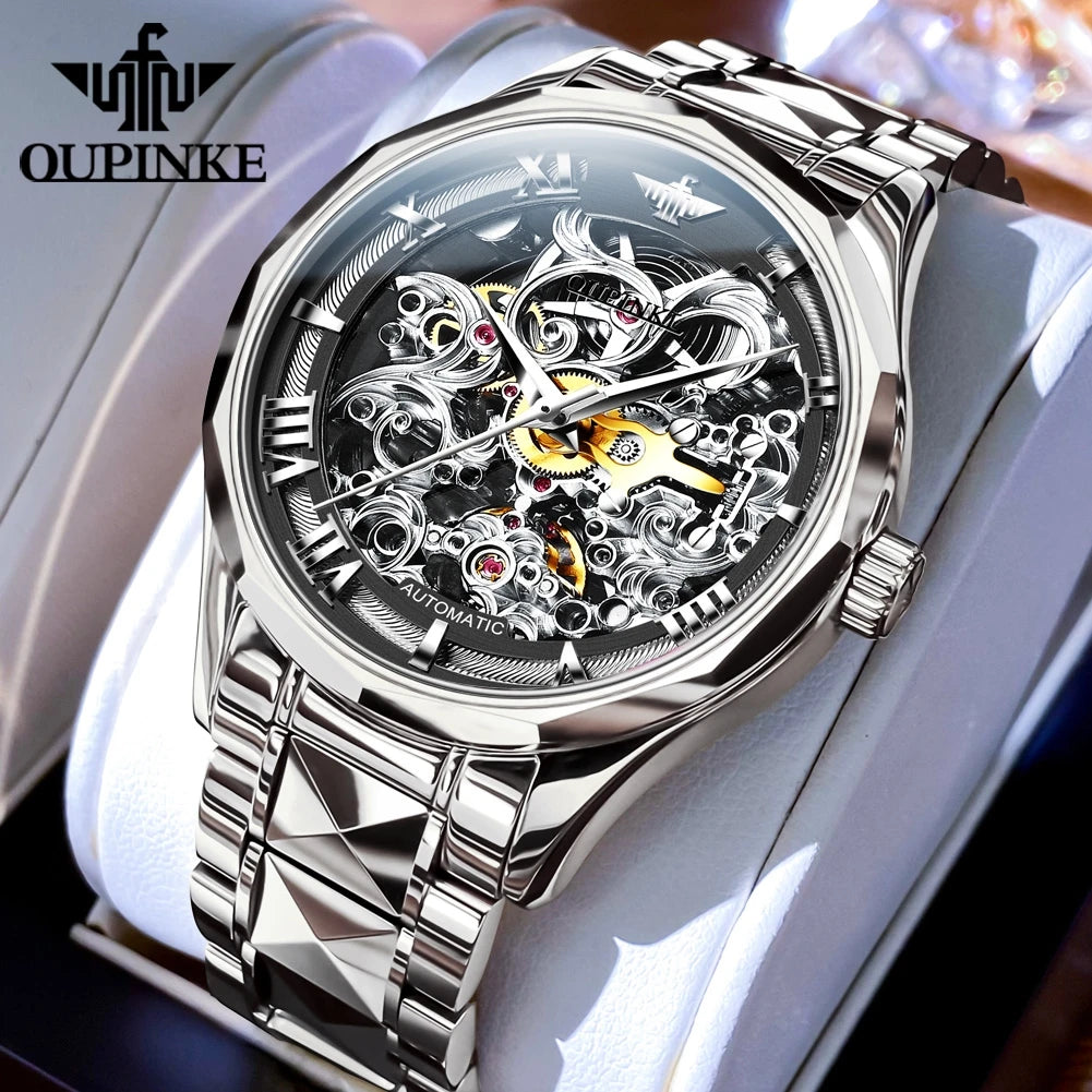 Oupinke 3168 Luxus automatische Herren uhren Skelett hohle mechanische Armbanduhr Wolfram Stahl armband wasserdichte Uhr für Herren