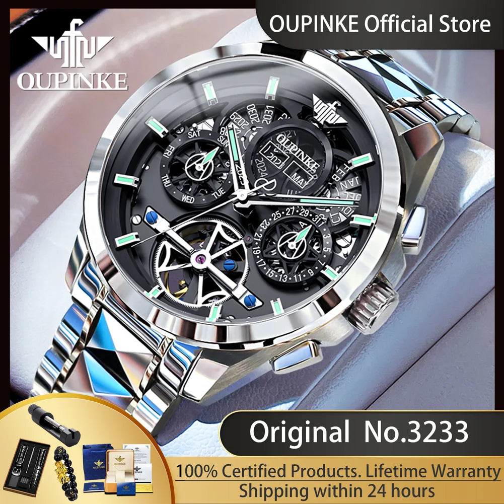 Oupinke 3233 neue automatische mechanische Uhr für Männer hohle 42mm große Zifferblatt Handuhr Wolfram Stahl armband Original Herren uhren