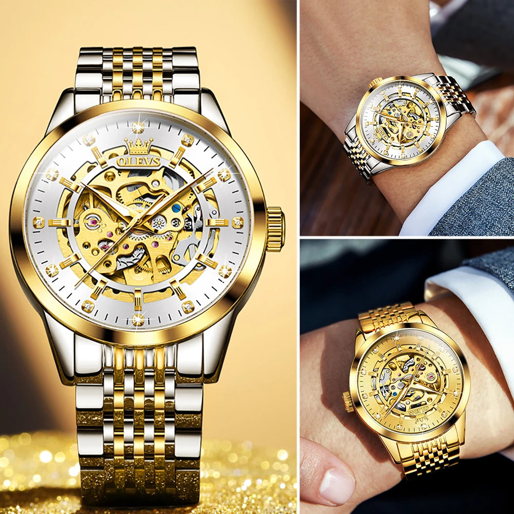 OLEVS herren Uhren Luxus Gold Skeleton Automatische Mechanische Armbanduhr für Mann Wasserdichte Edelstahl Luminous Business