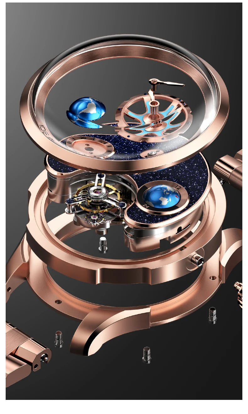 Ideale Ritter 6805 Tourbillon Uhr für Männer Blue Earth Serie Skelett automatische Herren mechanische Uhr leuchtende wasserdichte Uhr