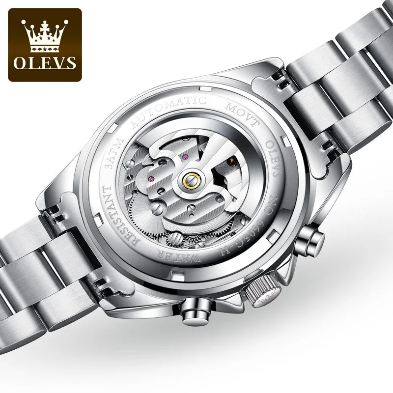 Olevs Herren mechanische Uhren wasserdichte Business Edelstahl Armband Armbanduhr Skelett automatische Uhr für Mann Kalender