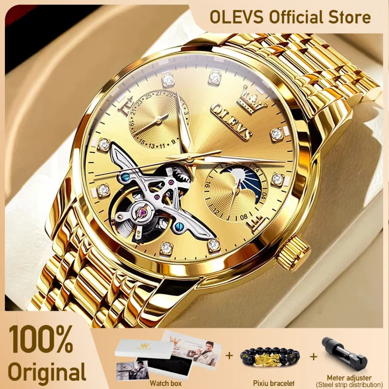 OLEVS Herrenuhren Top-marke Luxus Business Original Automatische Mechanische Armbanduhr Wasserdicht Leucht Mondphase Datum