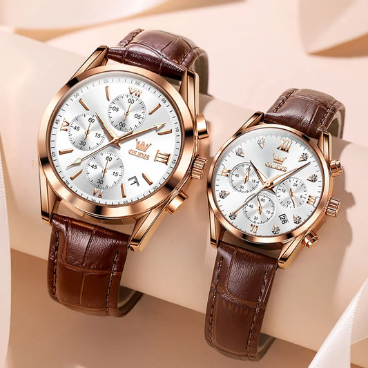 Olevs Paar Uhr für Männer Frauen wasserdichte Quarz Armbanduhr Männer Frauen Leder armband Chronograph Design Liebhaber Uhr Geschenke