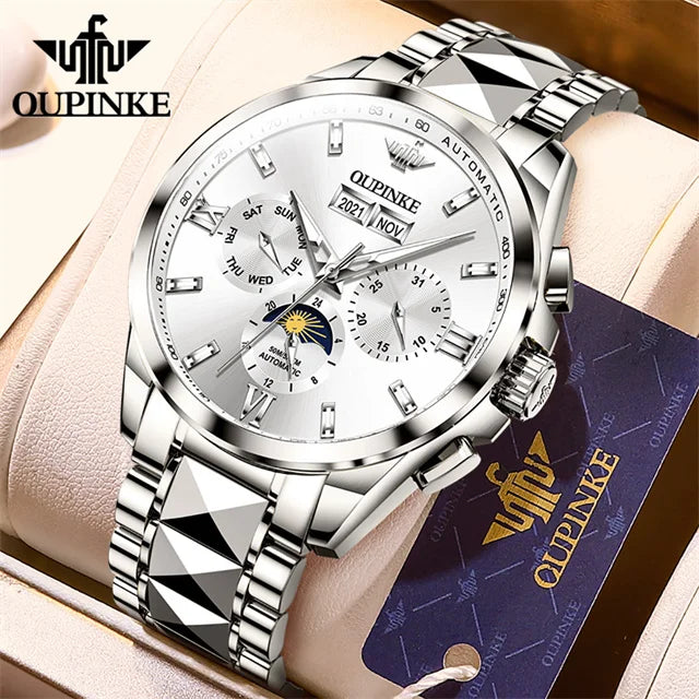 Oupinke Mondphase mechanische Uhr für Männer Luxus Top Marke Saphir Spiegel wasserdichte elegante Herren automatische Armbanduhr