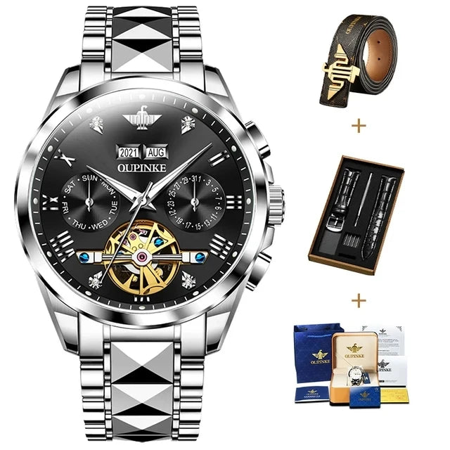 Oupinke hochwertige Luxus Skelett Schwungrad Automatik uhr für Männer 5bar wasserdichte Dual Kalender Marke Herren Armbanduhr