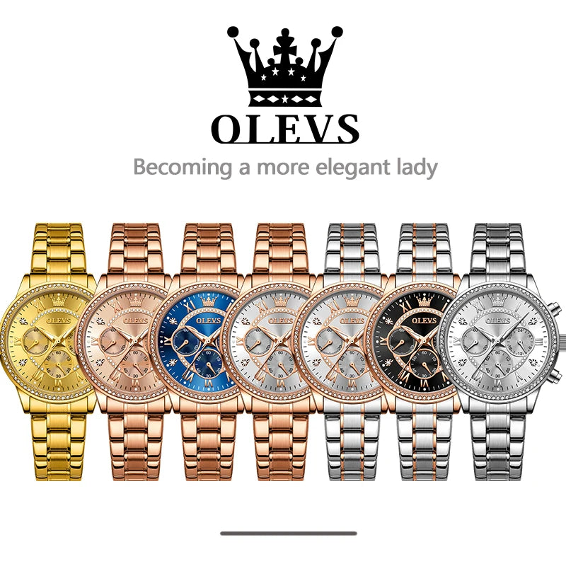 OLEVS Damenuhren, Top-Marke, luxuriös, Original-Quarzuhr für Damen, Chronograph, wasserdicht, leuchtendes Strass-Zifferblatt, 24-Stunden-