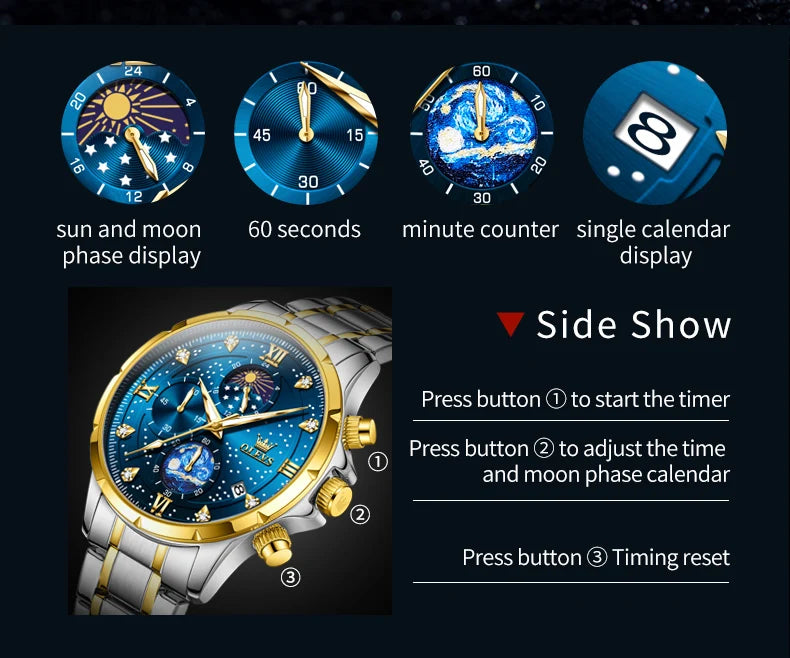 OLEVS Luxury Luminous Starry Sky Dial Men's Watches Moon Phase Waterproof Original Quartz Watch for Male Wristwatch Chronograph