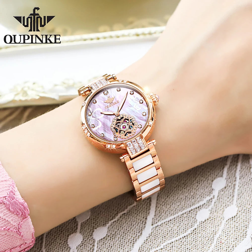 OUPINKE 3183 Damen-Armbanduhr, automatisch, mechanisch, elegant, Roségold, Keramikarmband, Hohlklee, Diamantskala, Damen-Armbanduhr