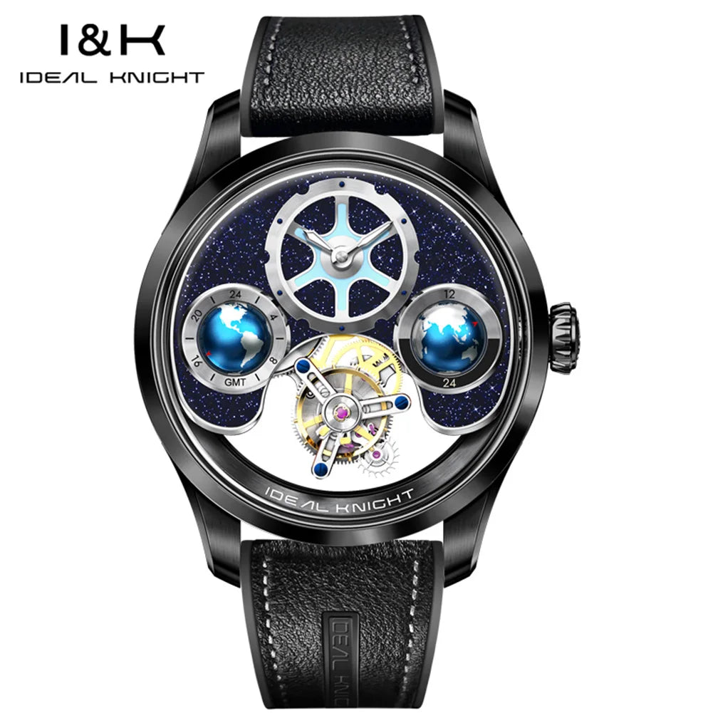 Ideal Knight 6805 Tourbillon Watch for Men 3D Rotating Blue Earth Design 12 Hours Tray Skeleton Waterproof Men's Wristwatches