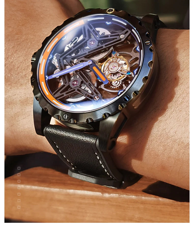 Ideal Knight Tourbillon Automatic Watch for Men Orange Blue Luminous Dial Fashion Black Steel Strap Hand Clock Great Wall Series