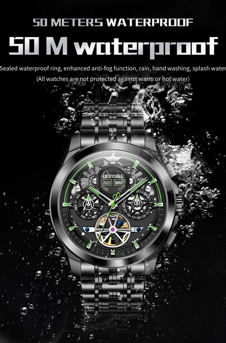 Oupinke 3235 schwarz Skelett Schwungrad automatische mechanische Uhren für Männer Multifunktions-Edelstahl Luxusmarke Armbanduhr