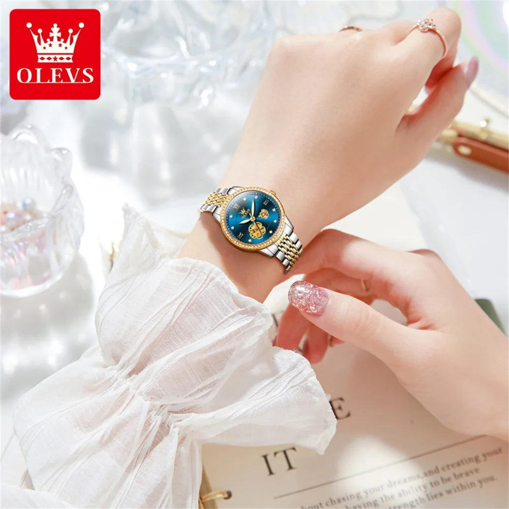 Olevs Damen uhren elegante Mode hohle Blume Zifferblatt automatische Armbanduhr wasserdichte Jubiläums armband Armband Halskette Set