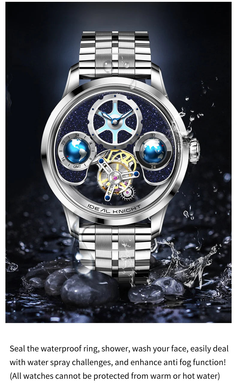 Ideal Knight 6805 Tourbillon Watch for Men 3D Rotating Blue Earth Design 12 Hours Tray Skeleton Waterproof Men's Wristwatches