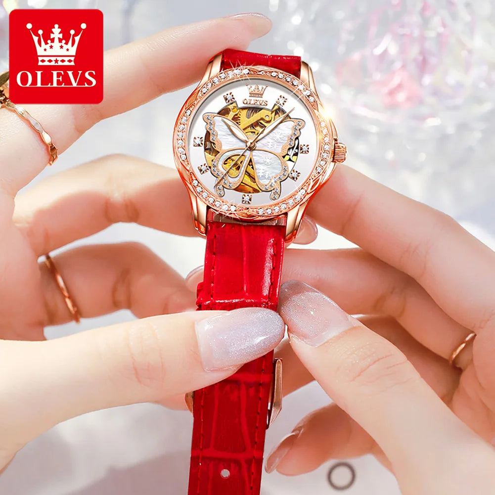 OLEVS Top Marke Mechanische Frauen Uhr Mode Schweiz Luxus Marke Damen Armbanduhr Automatische Lederband Geschenk