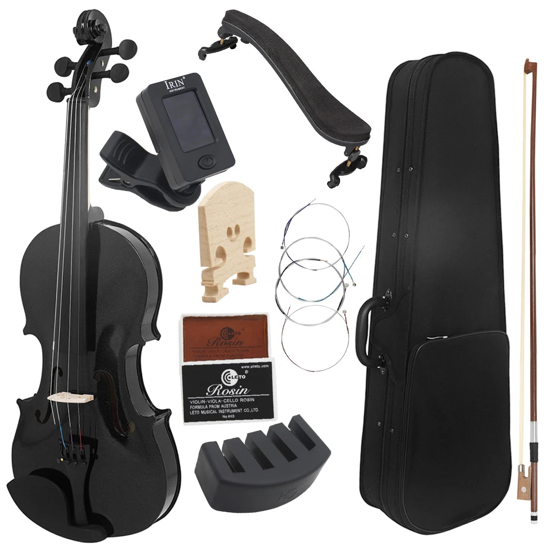 4/4 Violine Massivholz Schwarz Akustische Violine mit Koffer & Bogen & Kolophonium & Saiten & Stimmgerät & Schulterstütze Zubehör für Anfänger