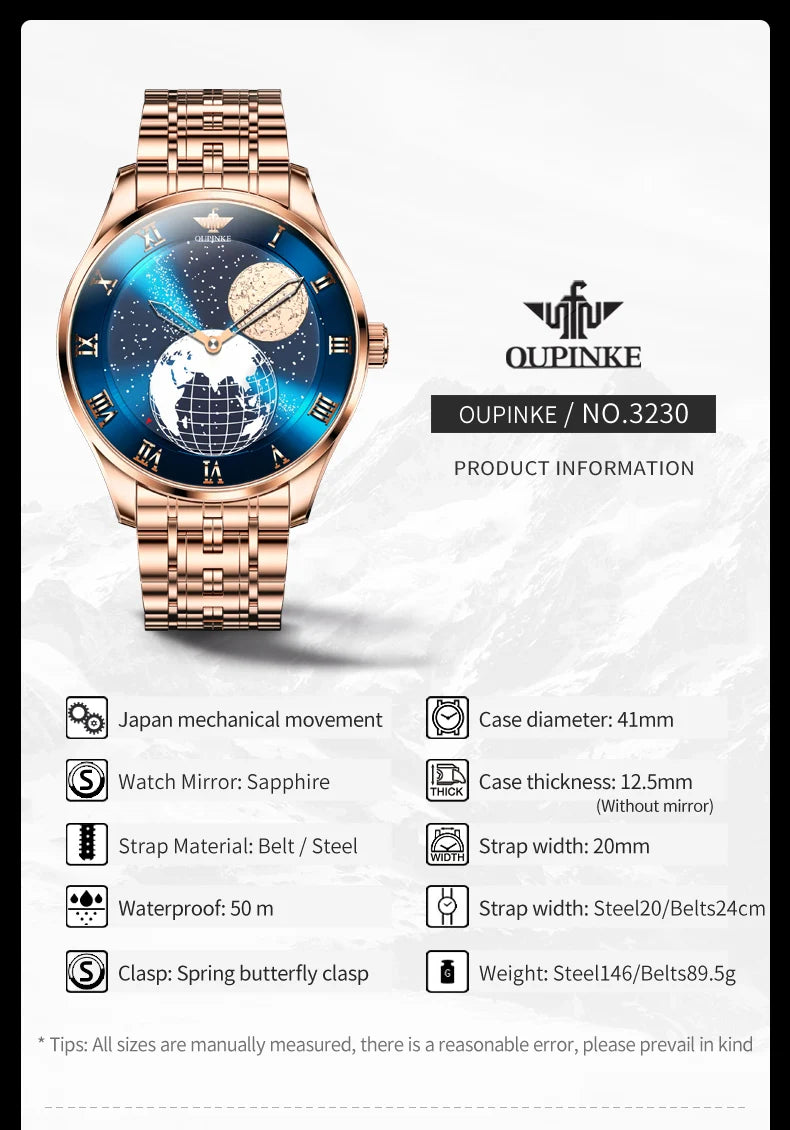 OUPINKE 3230 Men's Fully Automatic Mechanical Watch High Quality CITIZEN Movement Watch 3D Earth Starry Sky Business Men's Watch