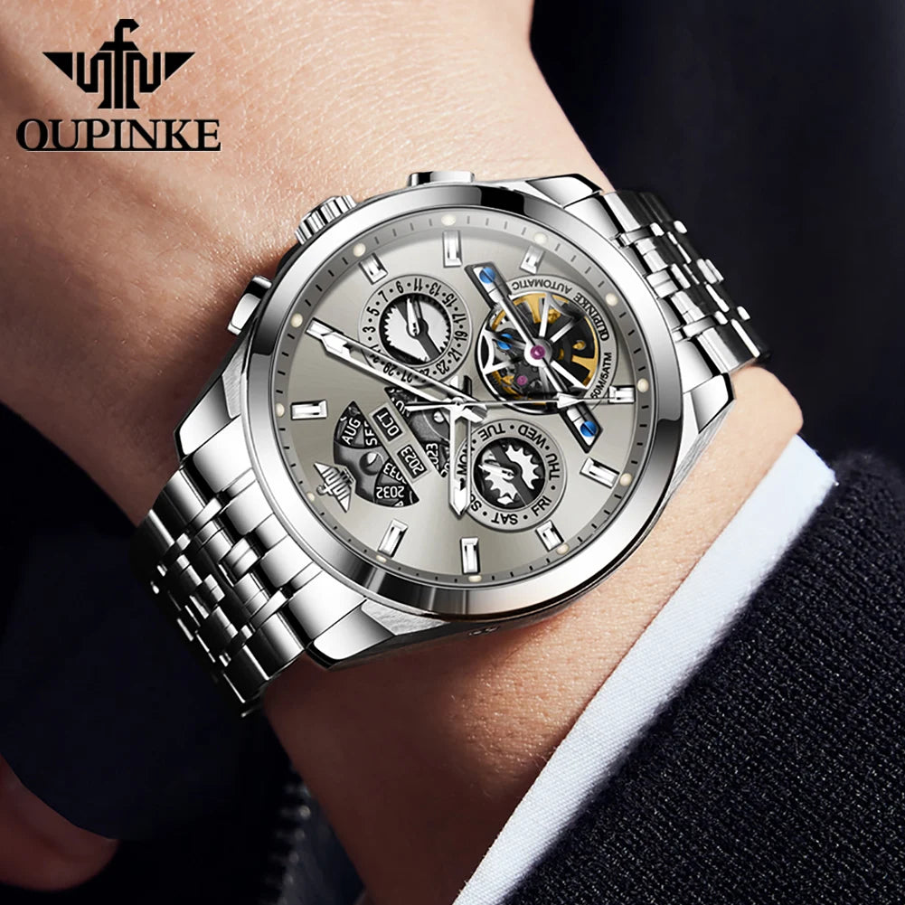 OUPINKE 3251 Automatische mechanische Uhr Original Luxusmarke Skeleton Multifunktionale wasserdichte Saphirspiegel Herrenuhr