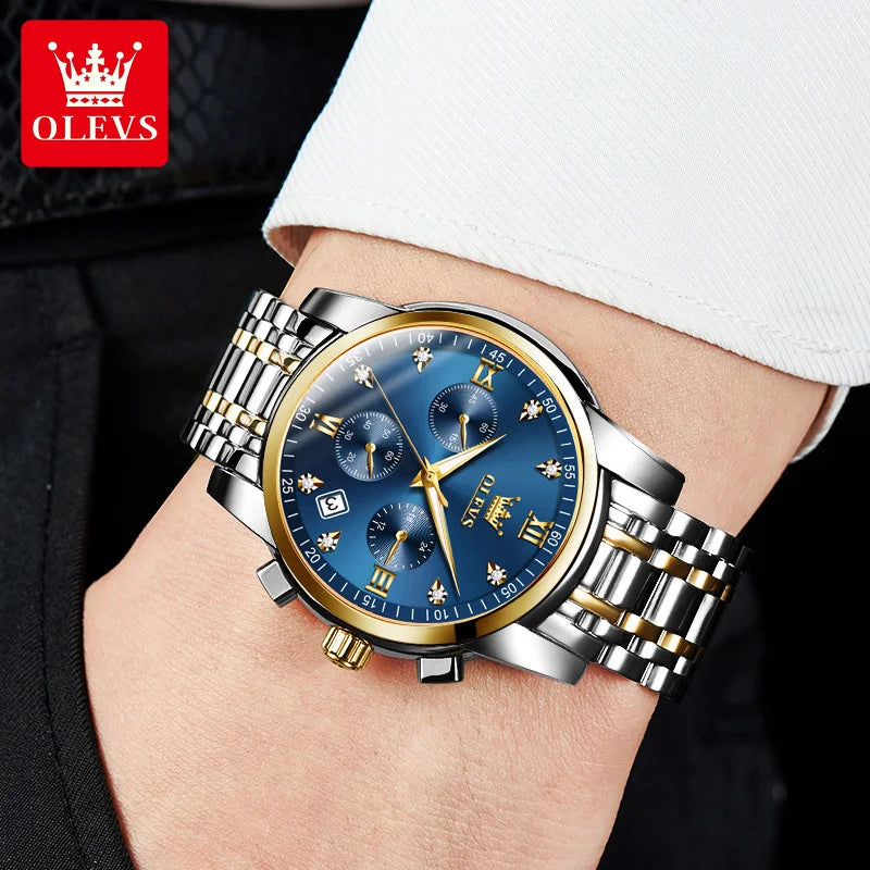 OLEVS herren Uhren Top Luxus Marke Klassische Quarzuhr Männer Chronograph Wasserdichte Armbanduhr Edelstahl Strap Datum