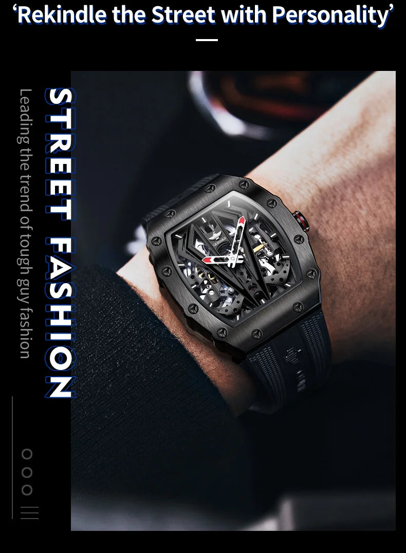 OUPINKE 3179 Men's Watch Luxury Brand Automatic Mechanical Watch Silicone Strap Sapphire Mirror Waterproof Skeleton Men's Watch