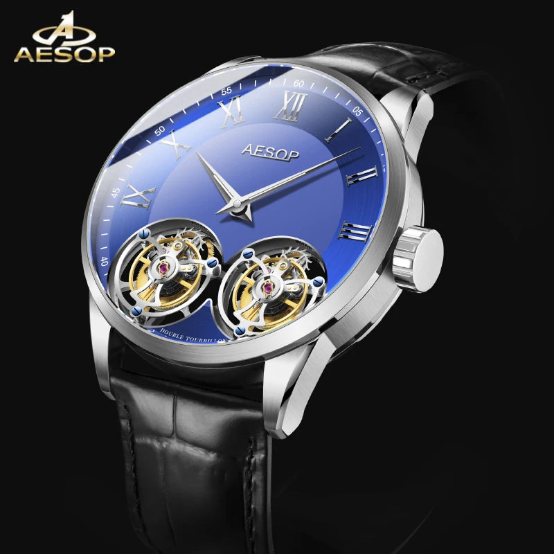 Superluxuriöse 100 % originale Doppel-Tourbillon-Uhr für Herren, Saphir-Handaufzugswerk, 1963, mechanische Armbanduhr, AESOP 2022